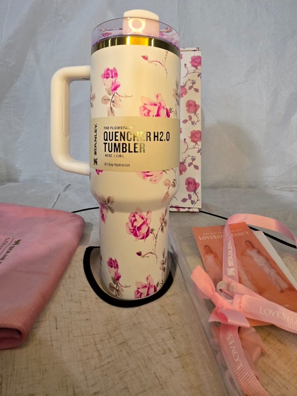 Stanley White Tumbler with Pink Floral Design